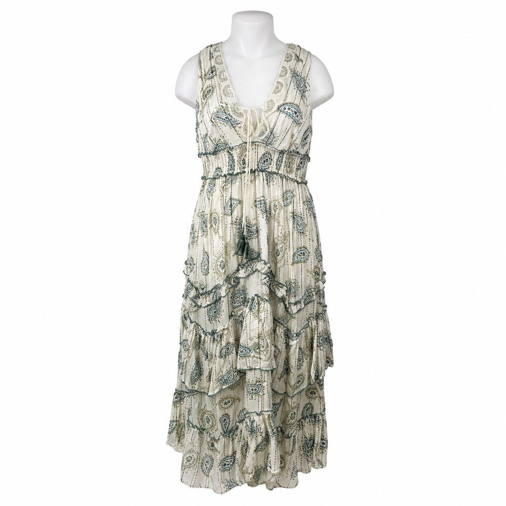 NEW Ananta Green  Paisley Lace Tiered Ruffle Maxi Tank Flare A-Line Dress L/XL